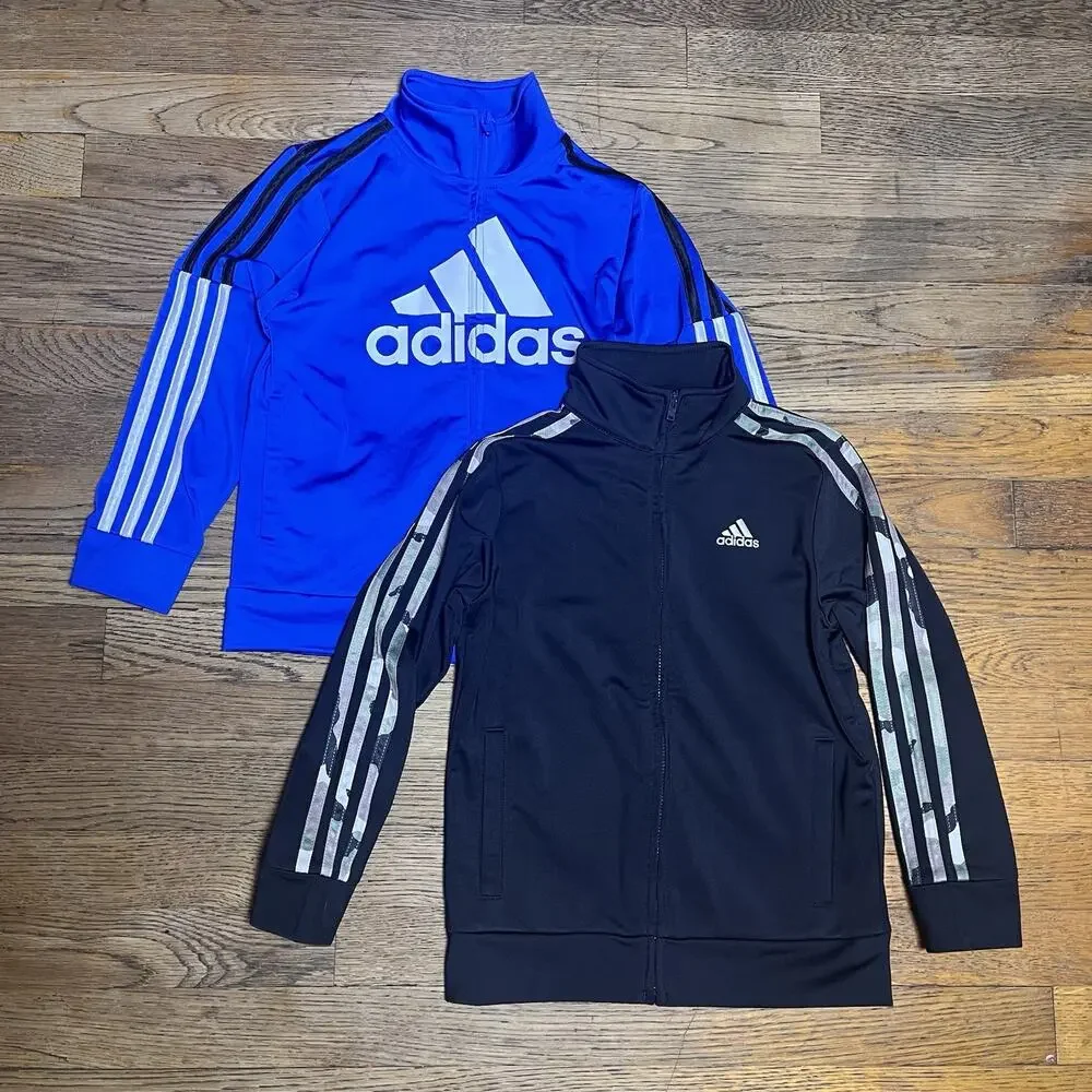 Adidas Boys Track Jacket Size 6 Zip Up Black Camo Blue White 3 Stripes Logo Kids